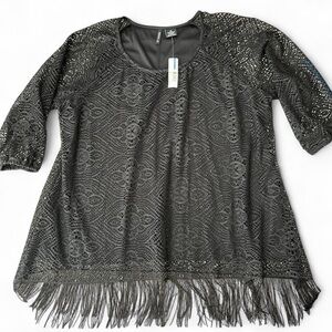 NWT- Black Metallic Lace Fringe Top – New Directions XL | Boho Festival Glam